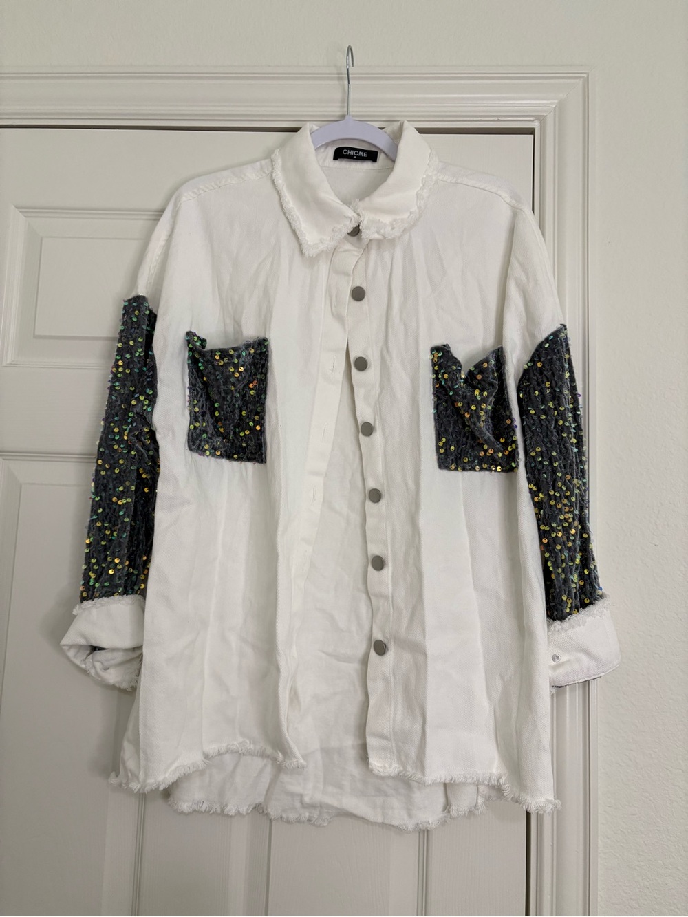 ChicMe White and Grey Sequin Sleeve Jacket
